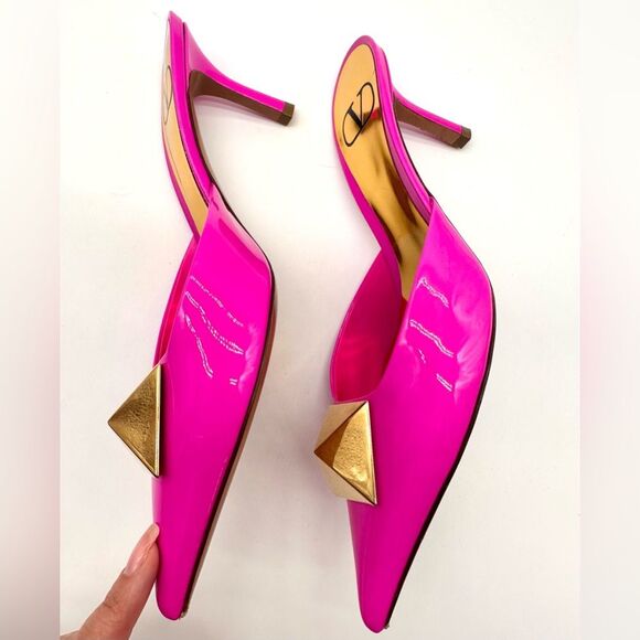 Valentino Garavani One Stud Pink Patent Leather Mules Heels EU 37.5 US 7.5 - Picture 8 of 13